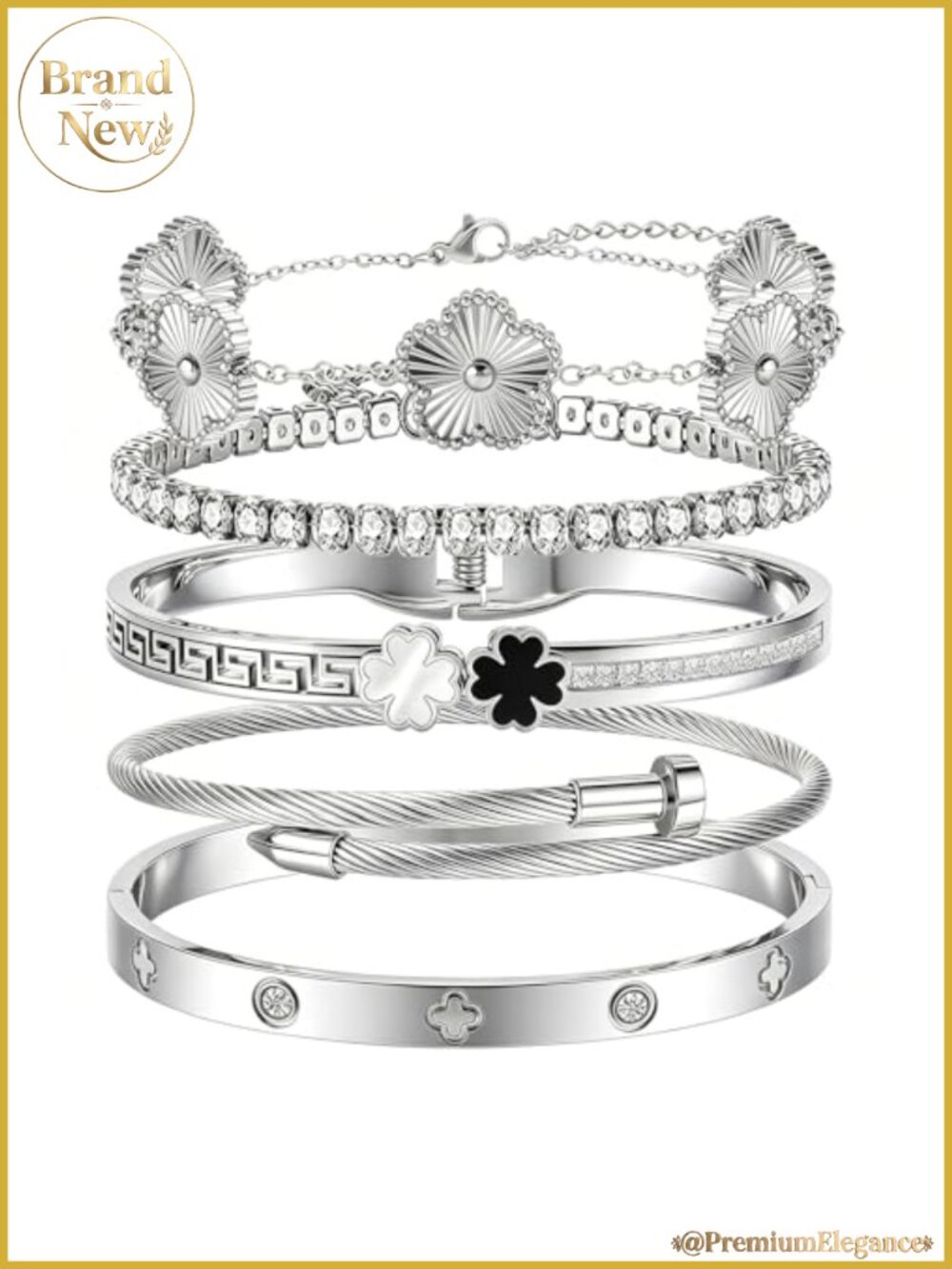 Silver Bangle Bracelets for Women, Stainless Steel Stackable Bangle Set, Clover